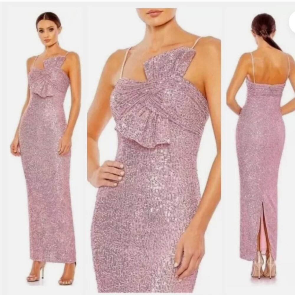 MAC DUGGAL 11284 SEQUINED STRAPLESS FAUX BOW ROSE PINK COLUMN GOWN sz 0